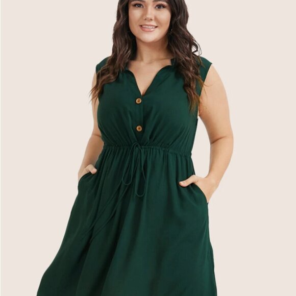 BloomChic Plus Size 3XL Plain Ties Front Button Pocket V Neck Dress us22-24 - Picture 2 of 7